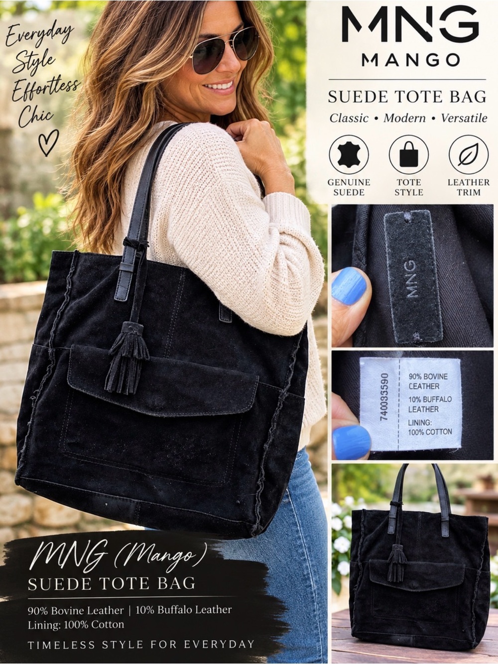 MNG Mango Black Tote Handbag Tassel Lined Inner Pockets purse pocketbook